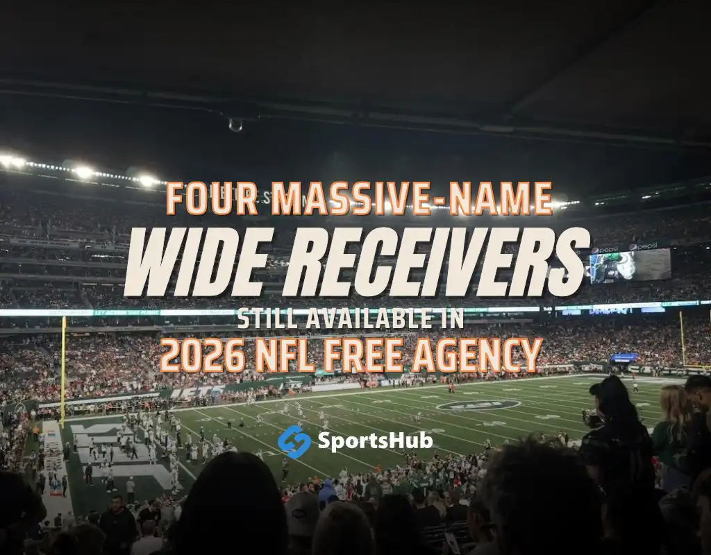 Stadium filled with fans during a football game with text about four massive-name wide receivers available in 2026 NFL free agency.