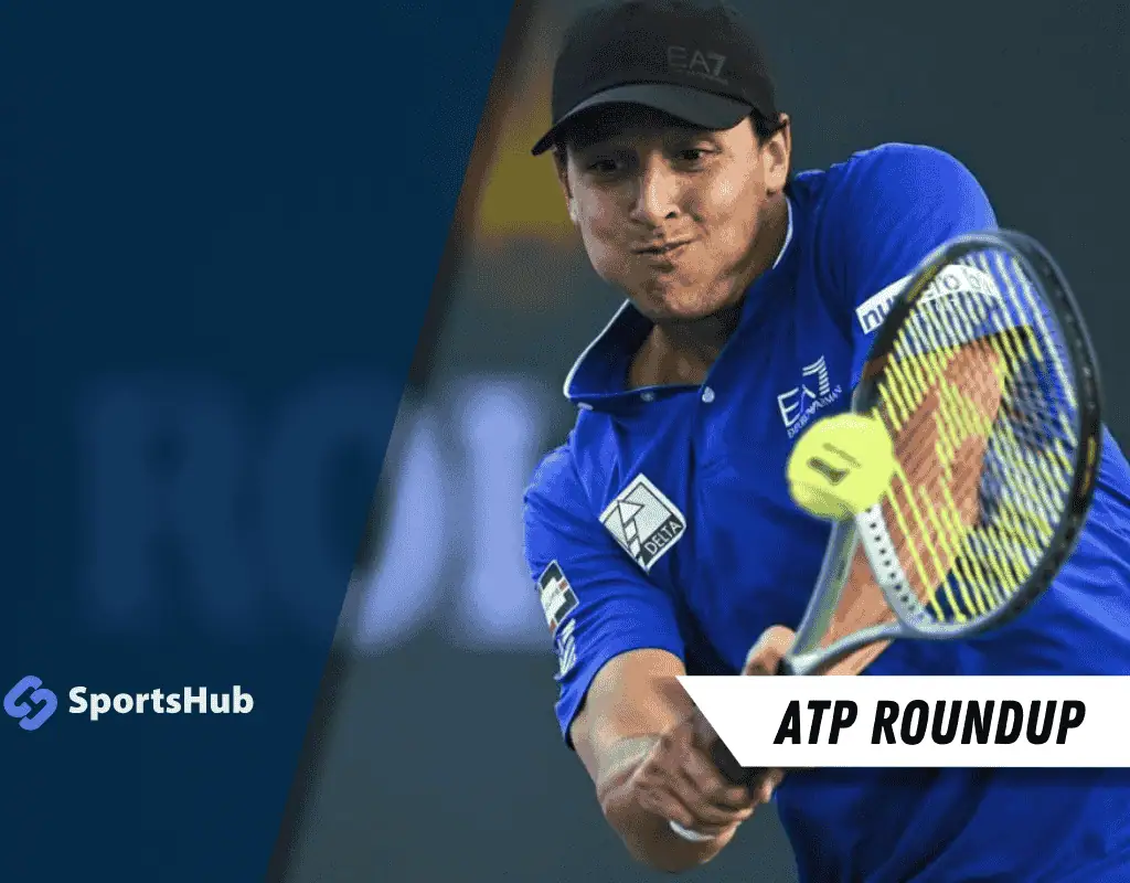 A tennis player in a blue shirt hitting a yellow ball with a racket, set against a dark blurred background. "ATP Roundup" captioned below.