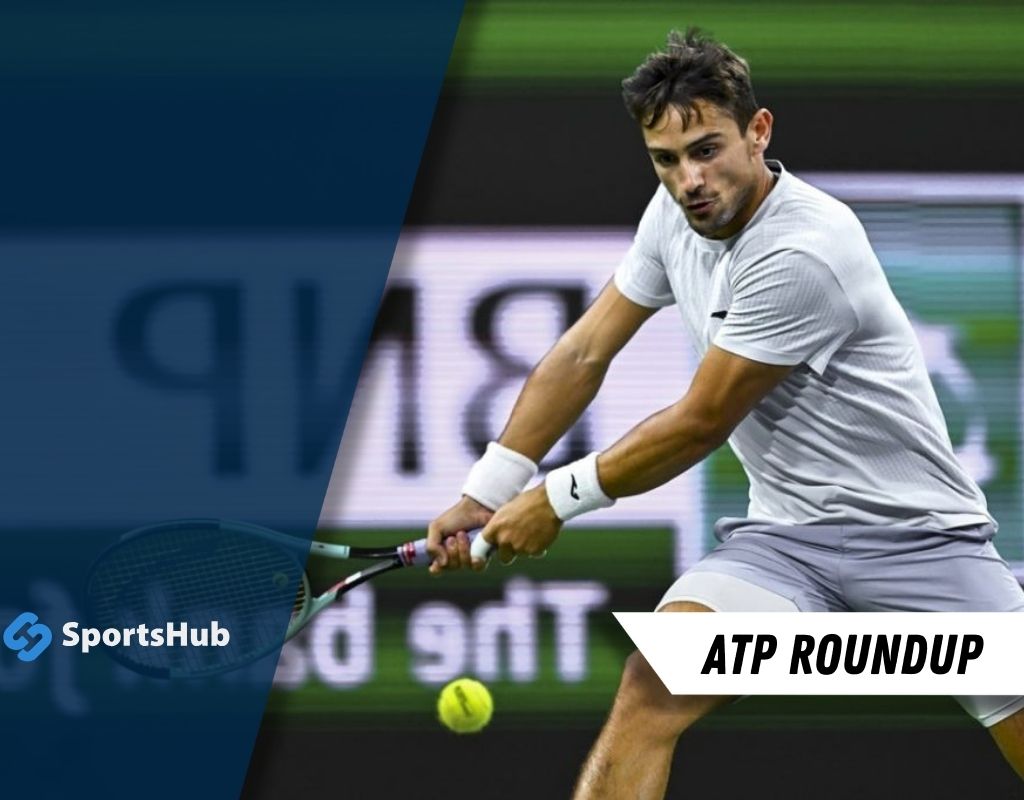 A male tennis player in action on the court, preparing to hit a ball, with a racket in hand and a dynamic athletic stance.