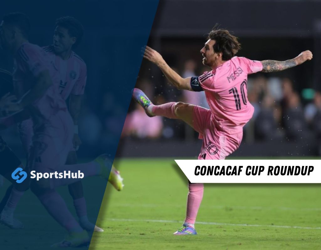 A player in a pink jersey takes a powerful kick during a Concacaf Cup match, showcasing athleticism and skill on the field.