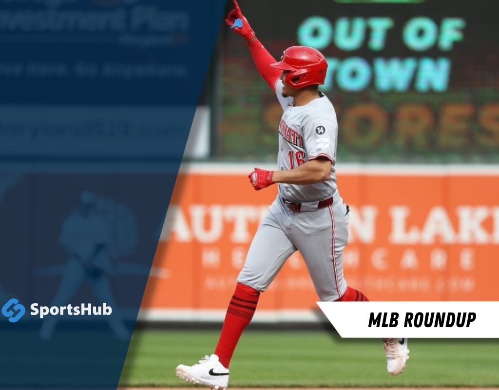 Cincinnati player celebrates after hitting a home run during an MLB game, with "MLB Roundup" text overlay and SportsHub logo.