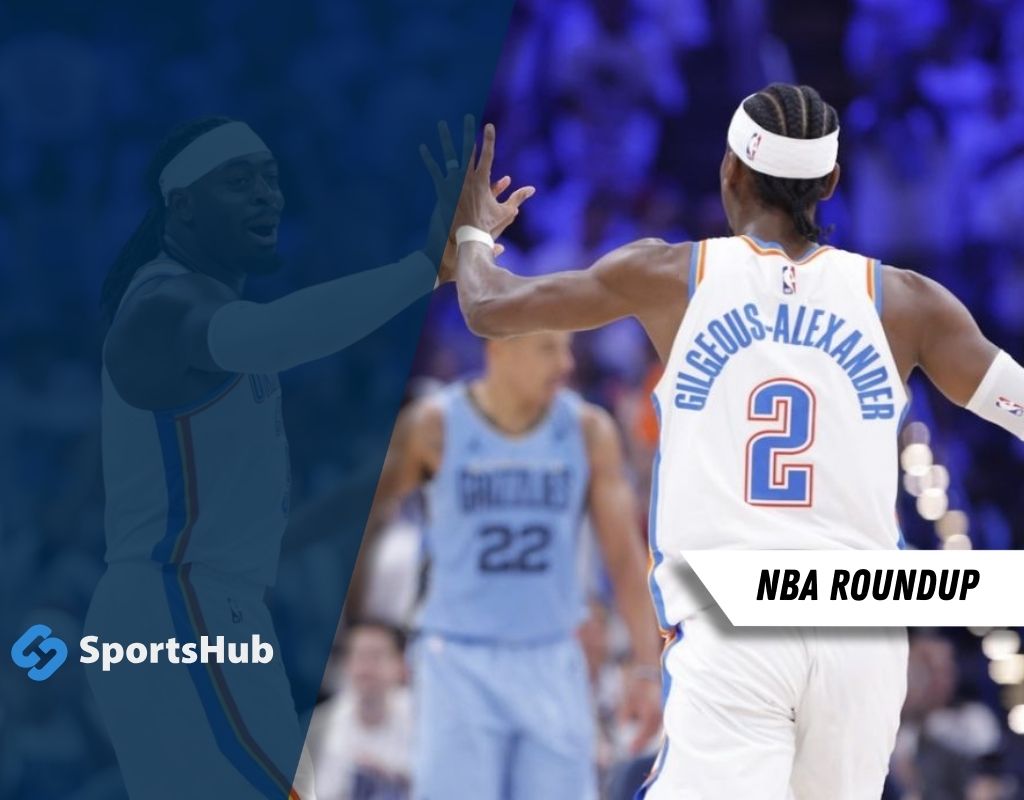 NBA player wearing a white jersey with "Gilgeous-Alexander" on the back, interacting with teammates during a game.