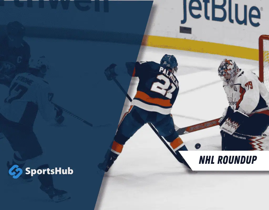 A hockey player shoots at the goal while a goalie prepares to block it, with SportsHub branding and "NHL Roundup" text overlay.