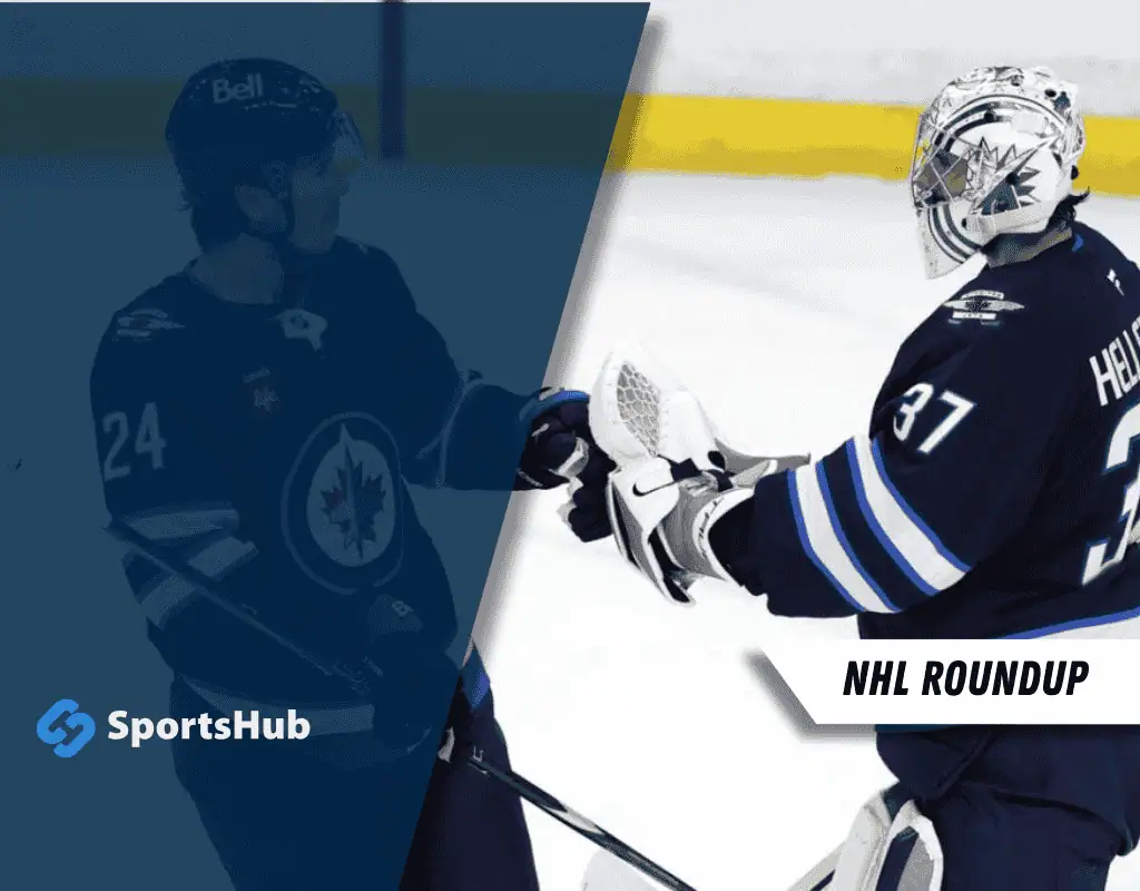 Two hockey players in Winnipeg Jets jerseys celebrate on the ice. Text overlay reads "NHL Roundup." SportsHub logo in the corner.
