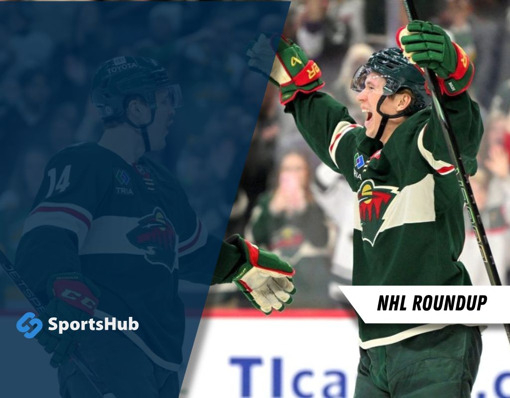 A hockey player in a green jersey celebrates a goal, raising his stick amid a cheering crowd, with team branding visible on his uniform.