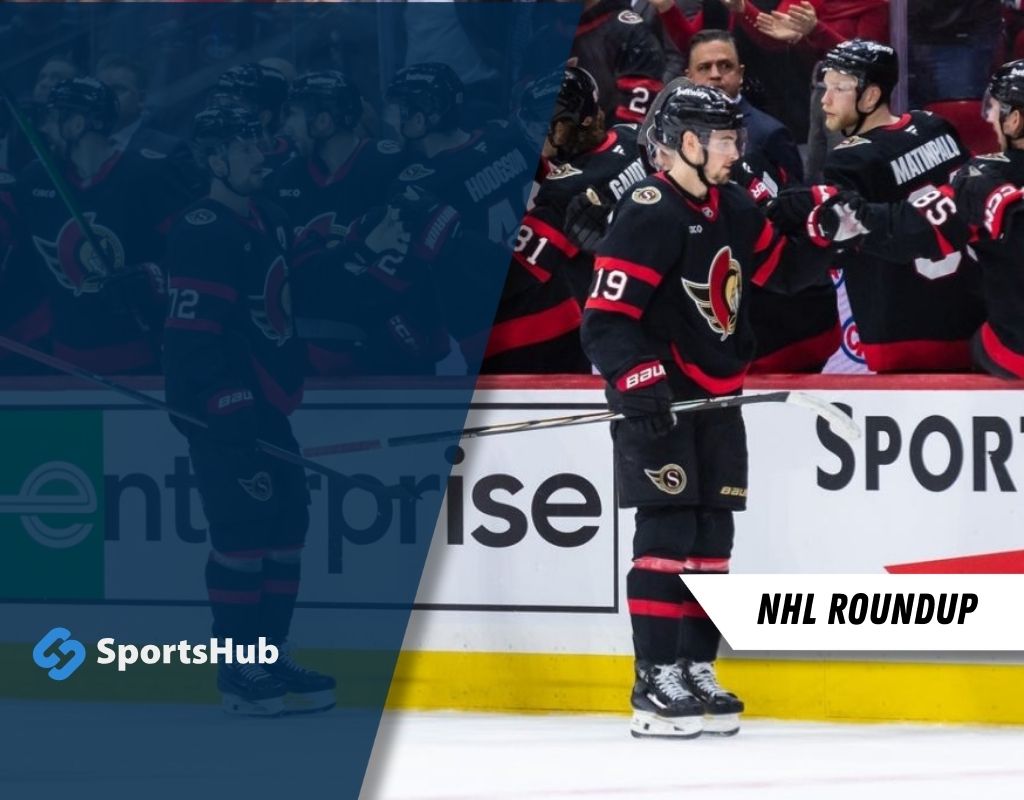 An NHL player in black and red uniform celebrates with teammates on the bench during a game, showcasing team spirit and excitement.