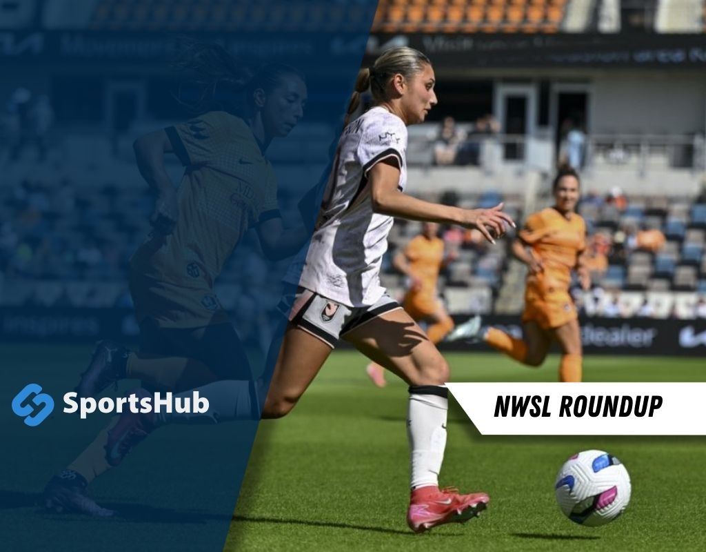 A soccer player in a white jersey dribbles the ball on the field during an NWSL match, with teammates in the background.