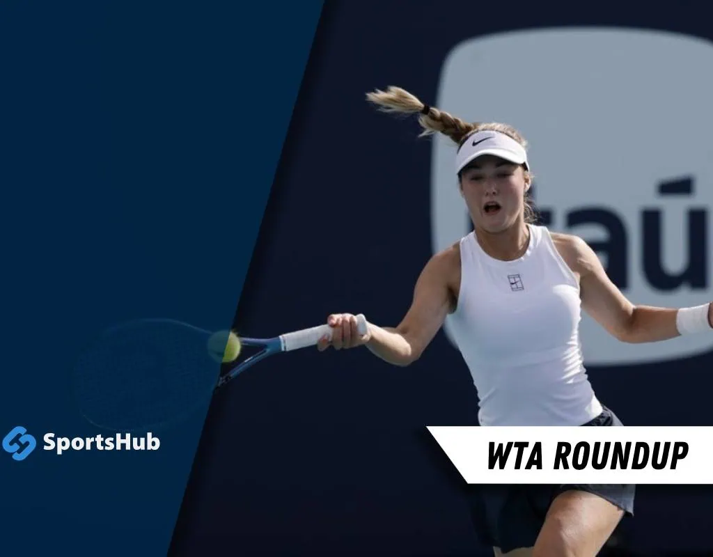 A female tennis player in athletic attire prepares to hit a ball, set against a backdrop featuring the WTA Roundup logo.