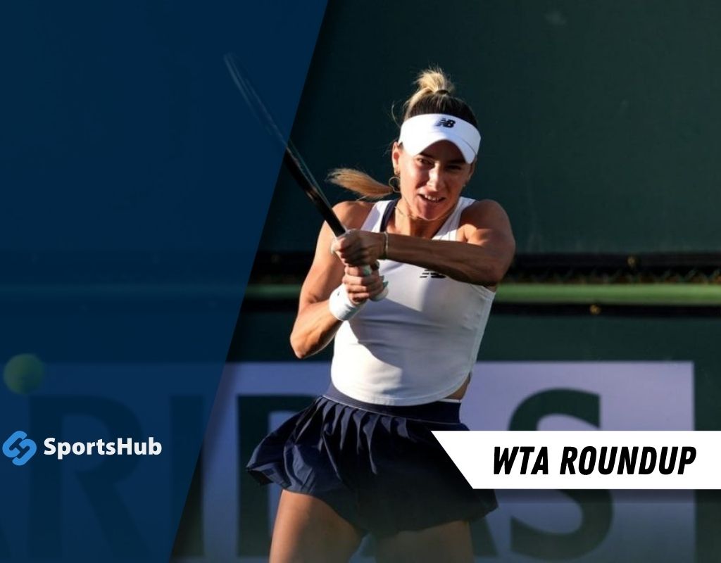 A female tennis player in action, preparing to hit the ball, wearing a sleeveless top and a skirt, against a green background.
