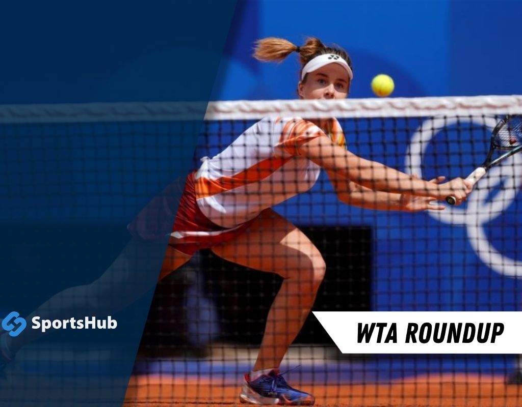 A tennis player in action during a match, reaching for a ball near the net, set against a vibrant blue background.