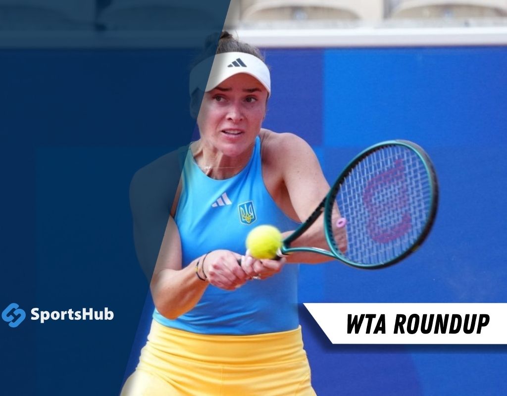 A tennis player in a blue and yellow outfit prepares to hit a ball with a racket against a vibrant blue backdrop, featuring a SportsHub logo.