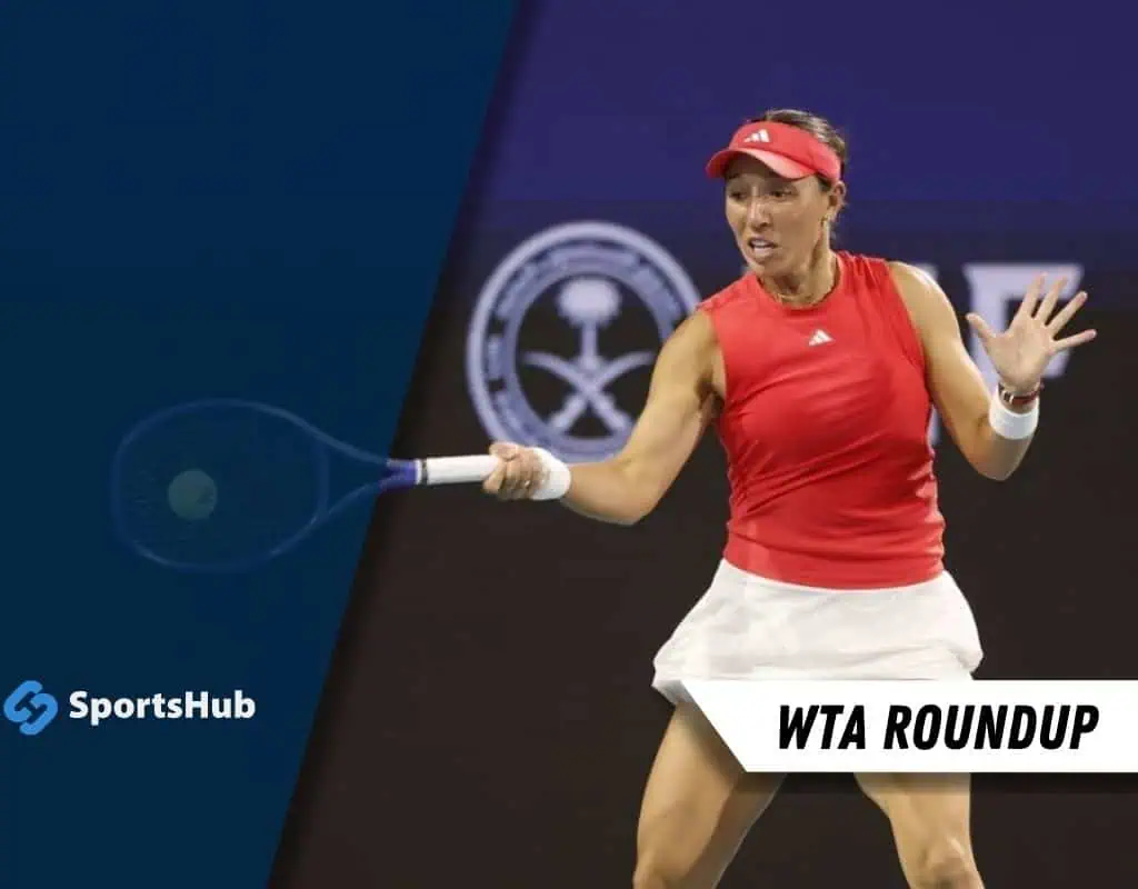 A professional female tennis player in a red top and white skirt prepares to hit a ball during a match, with a logo and text overlay.