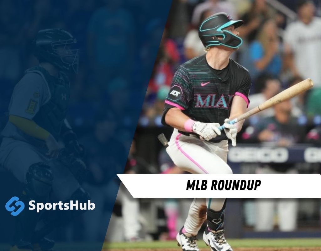 A baseball player in a Miami uniform swings a bat, with a catcher visible in the background, capturing a moment from an MLB game.