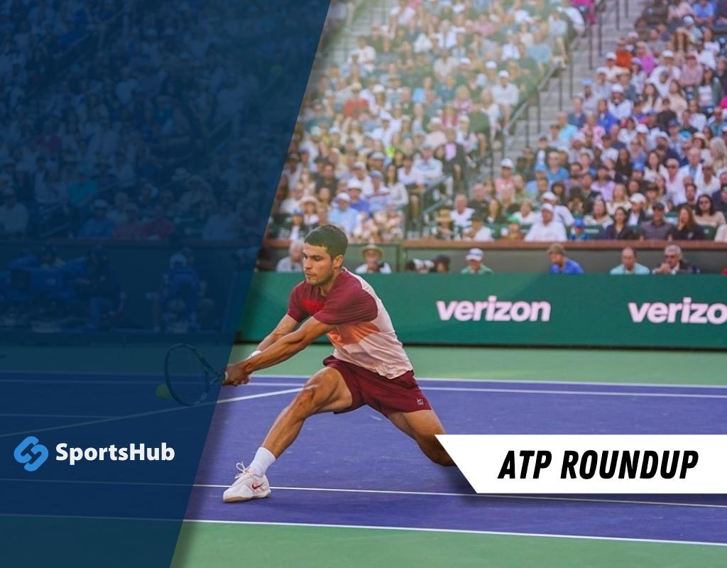 A tennis player in action during a match, surrounded by a cheering crowd in a vibrant stadium setting.