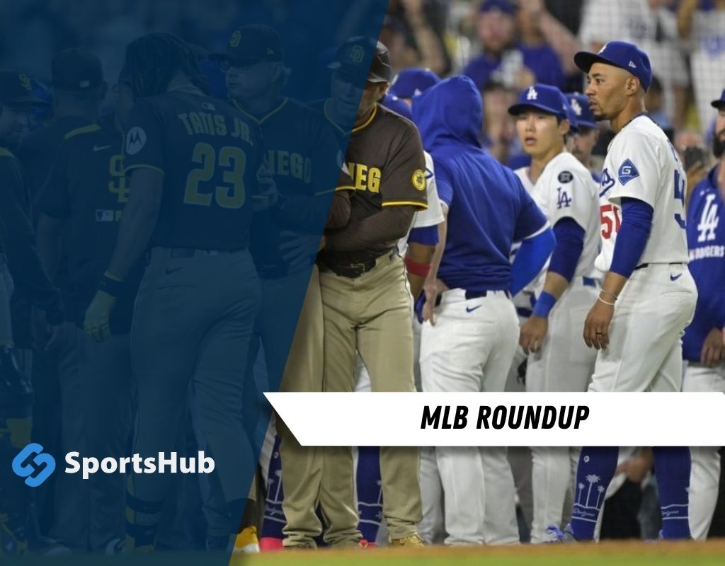 Two MLB teams face off in a tense moment, with players from the San Diego Padres and LA Dodgers gathered on the field.