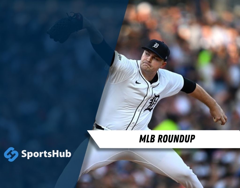 A pitcher in a white Detroit Tigers jersey winds up to throw a pitch, with a blurred crowd in the background, under a blue overlay.
