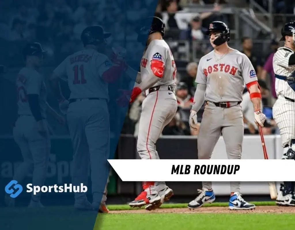 Players from the Boston Red Sox celebrate during a game