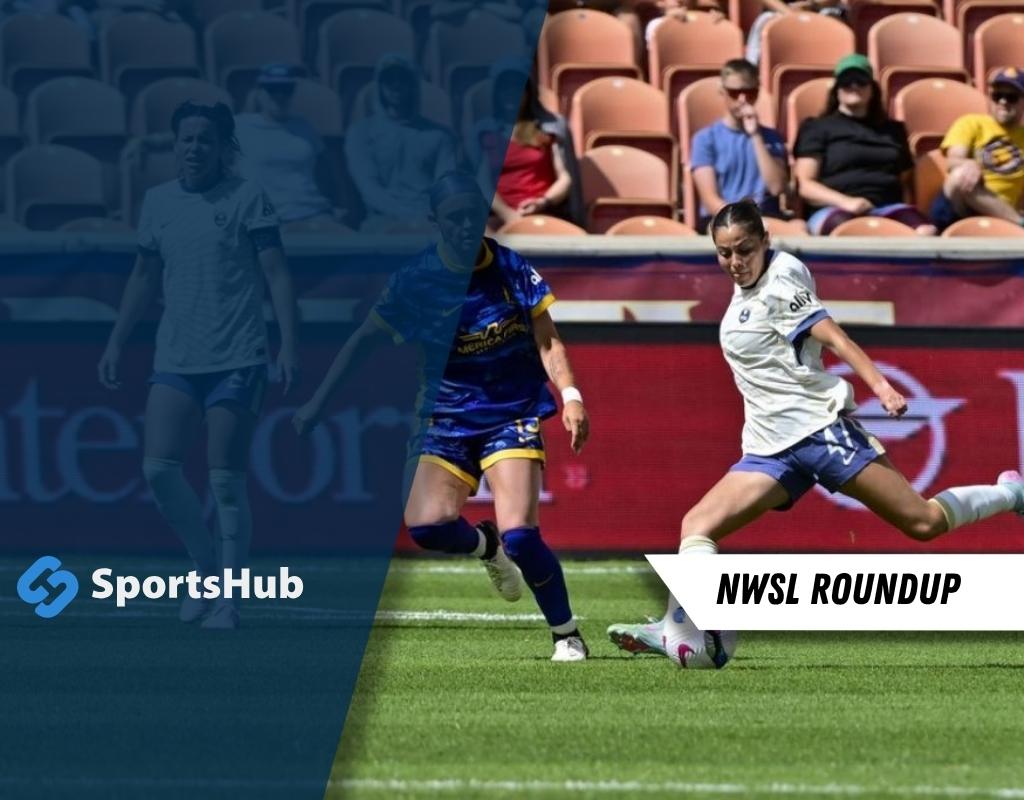 A female soccer player in a white jersey executes a kick during a match, with spectators in the background.