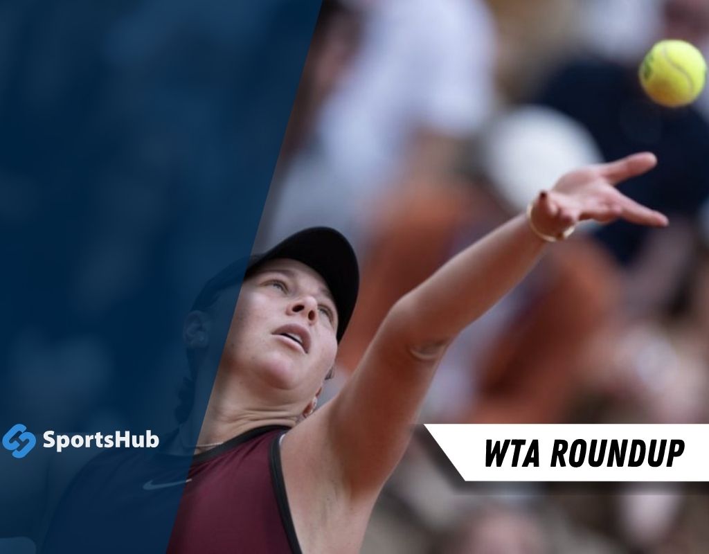 A tennis player serves a bright yellow ball amidst a blurred crowd, representing the excitement of a WTA match.