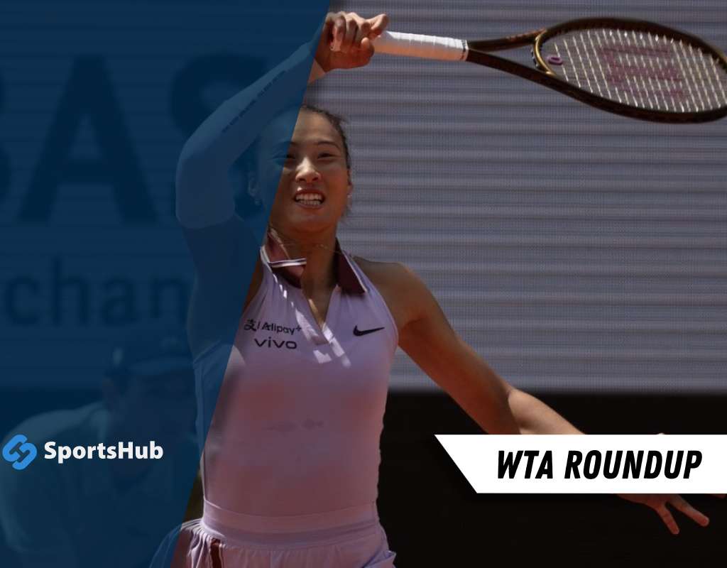 A female tennis player prepares to serve on a court, wearing a pink athletic outfit, with a racket raised high. Text reads "WTA Roundup."