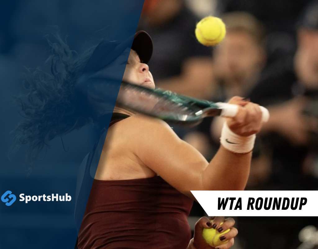 A tennis player in action, swinging a racket to hit a yellow ball, against a dark crowd background with a SportsHub logo.