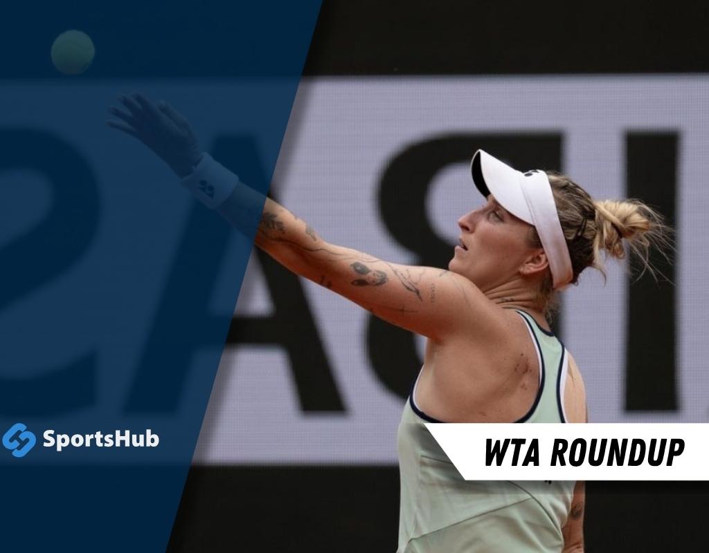 A female tennis player prepares to serve, captured mid-motion on a tennis court, with a logo for SportsHub in the corner.