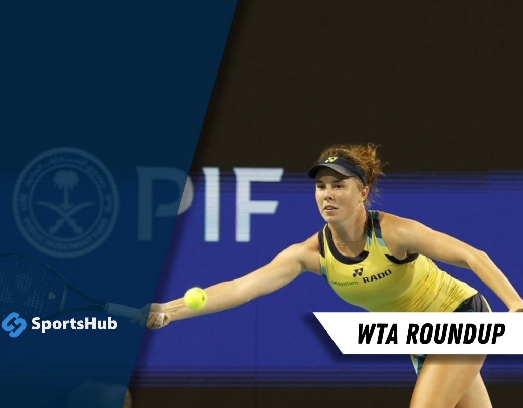 A woman playing tennis on an outdoor court, wearing sports clothing and holding a racquet, focused on the game.