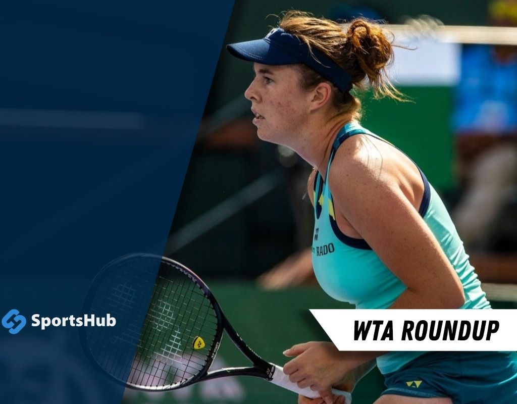 A female tennis player in a turquoise top prepares to serve on the court during a WTA event, with a racket in hand.