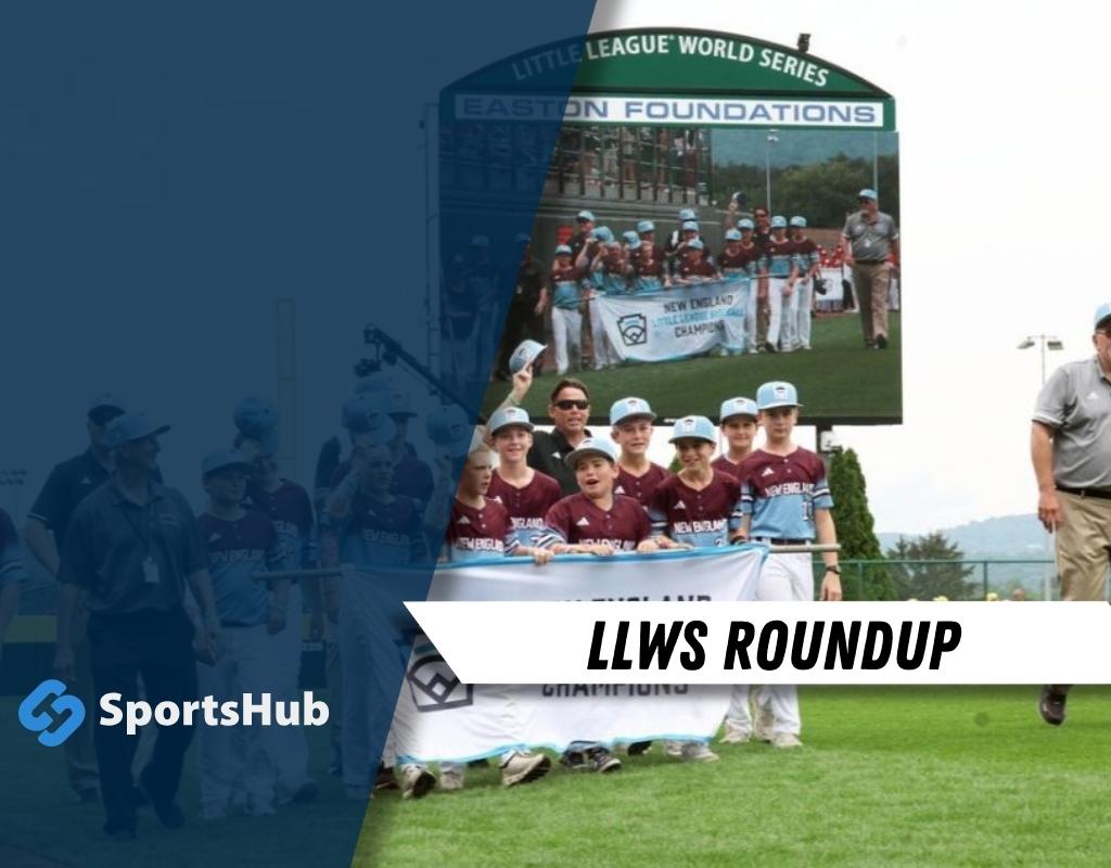 A group of young baseball players in maroon uniforms hold a championship banner at the Little League World Series, with a scoreboard in the background.