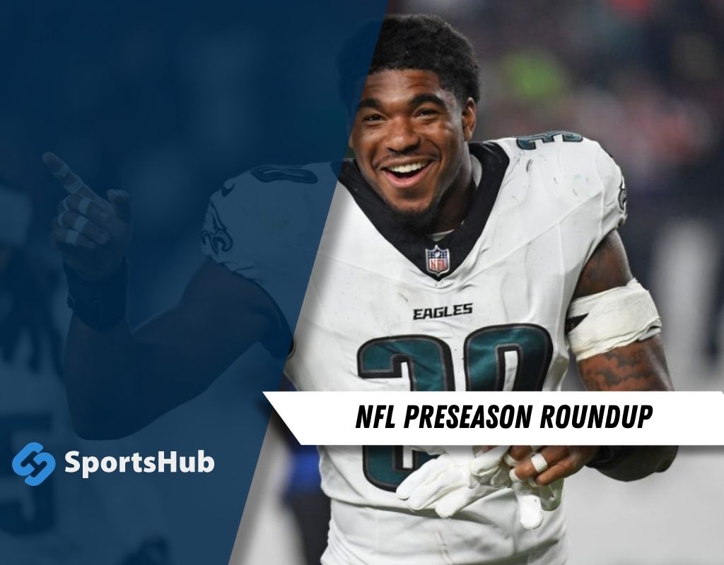 An NFL player in an Eagles jersey gestures during a preseason game