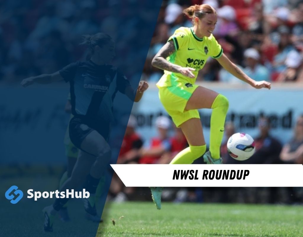 A soccer player in a bright yellow uniform is in action, dribbling a ball on the field during an NWSL match, with fans in the background.