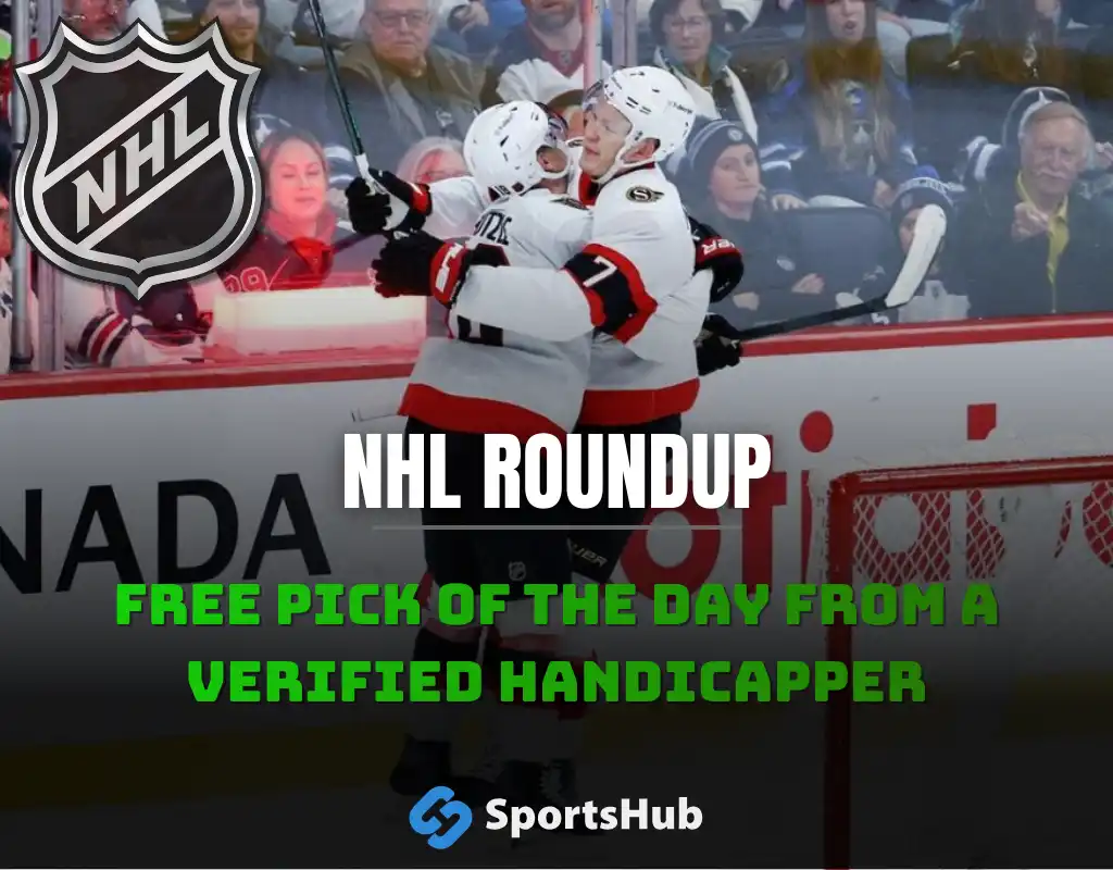 NHL players celebrate a goal on the ice, with the NHL logo and promotional text for a free pick from a verified handicapper.