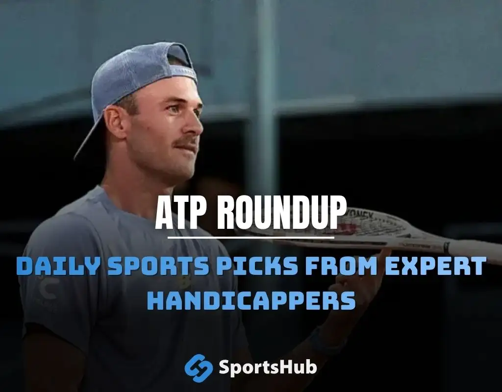 ATP roundup graphic showing tennis player Tommy Paul holding a racket with text promoting daily sports picks from expert handicappers