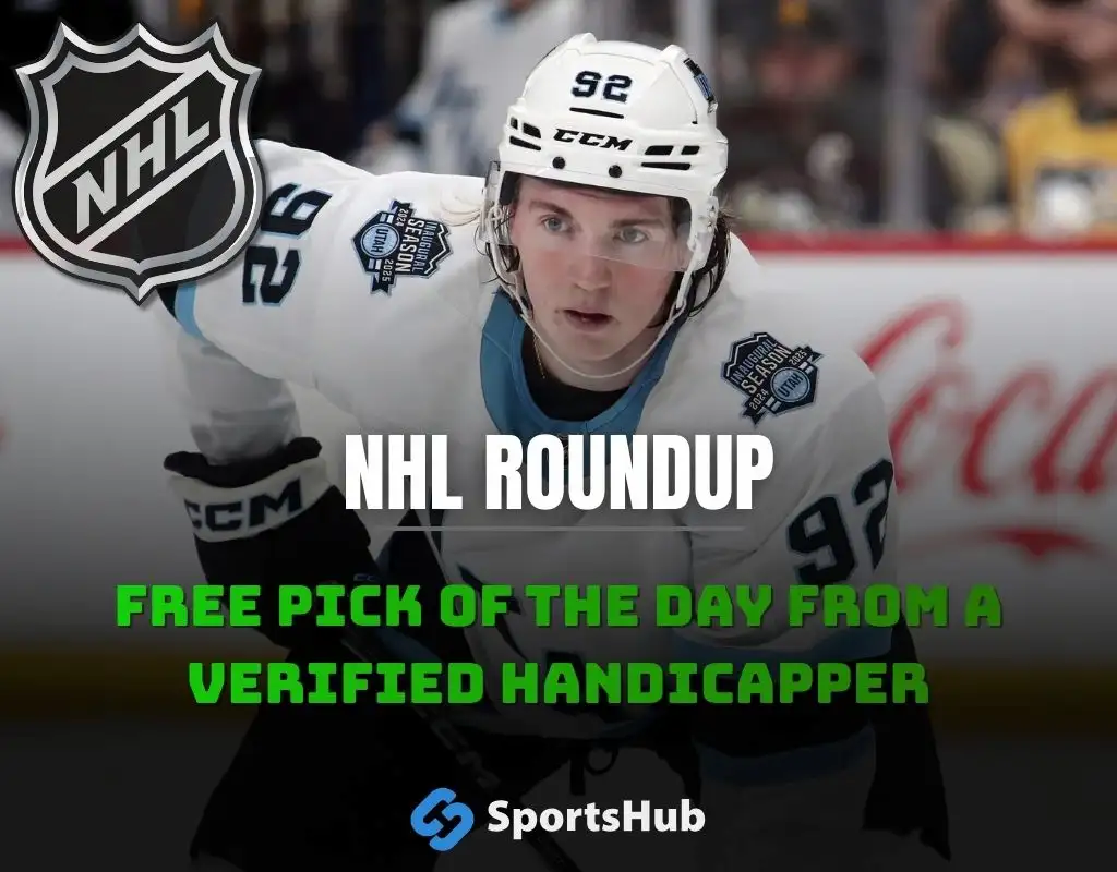 NHL roundup graphic featuring a hockey player with text NHL Roundup and Free pick of the day from a verified handicapper