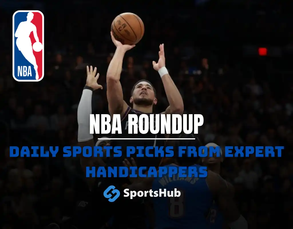 NBA player shooting a basketball during a game, with a text overlay promoting SportsHub's daily sports picks for expert handicappers.