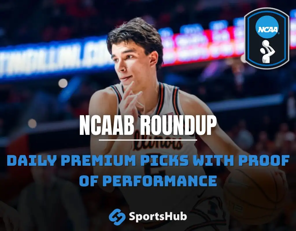 NCAAB Top 25 roundup graphic with an Illinois basketball player holding the ball plus NCAA logo and text promoting daily premium picks with proof of performance