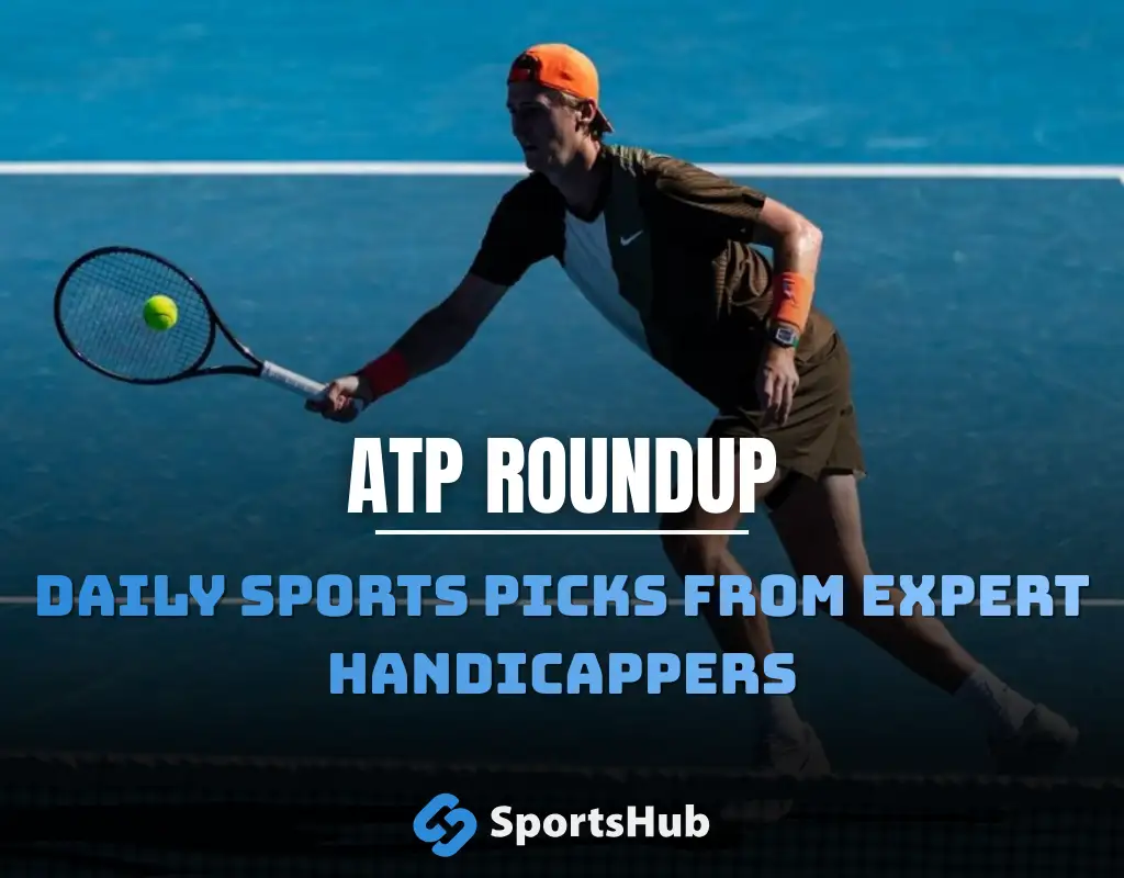 A tennis player prepares to hit a forehand shot on a blue court with the text "ATP Roundup: Daily sports picks from expert handicappers" and the SportsHub logo.