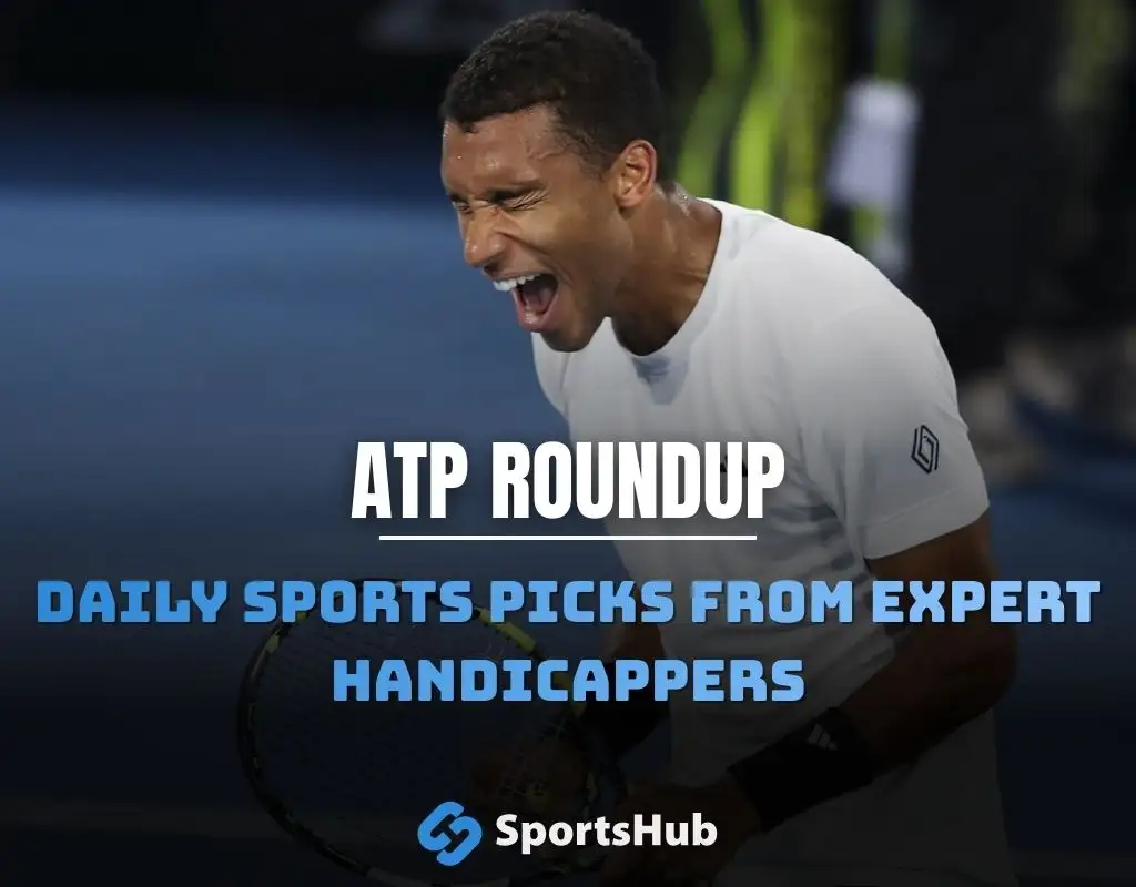 ATP roundup graphic featuring Felix Auger-Aliassime with an “ATP Roundup” headline banner and a Sportshub-style design highlighting his title defense and Canadian record.