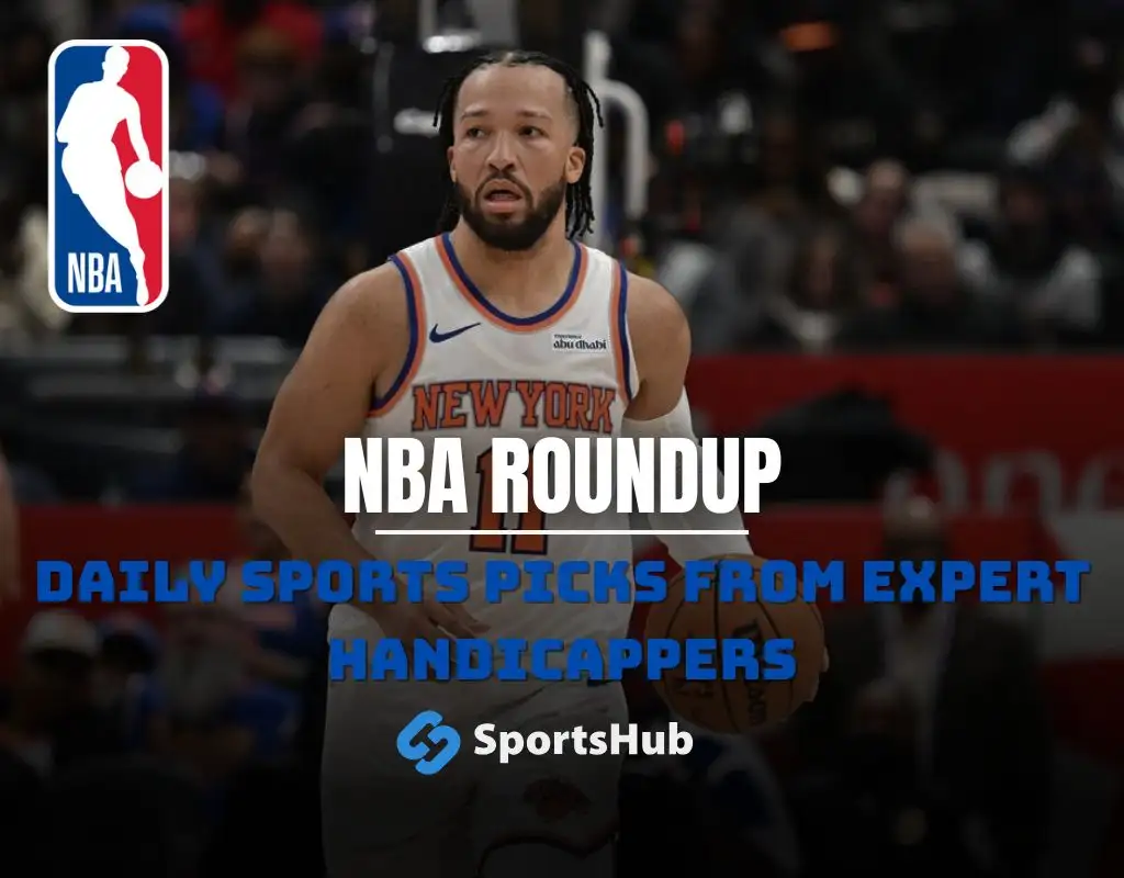 NBA roundup graphic featuring the New York Knicks’ double-overtime win over the Denver Nuggets for their eighth straight victory, with both team logos, a “Preview” stats label, and Knicks game action in the background.