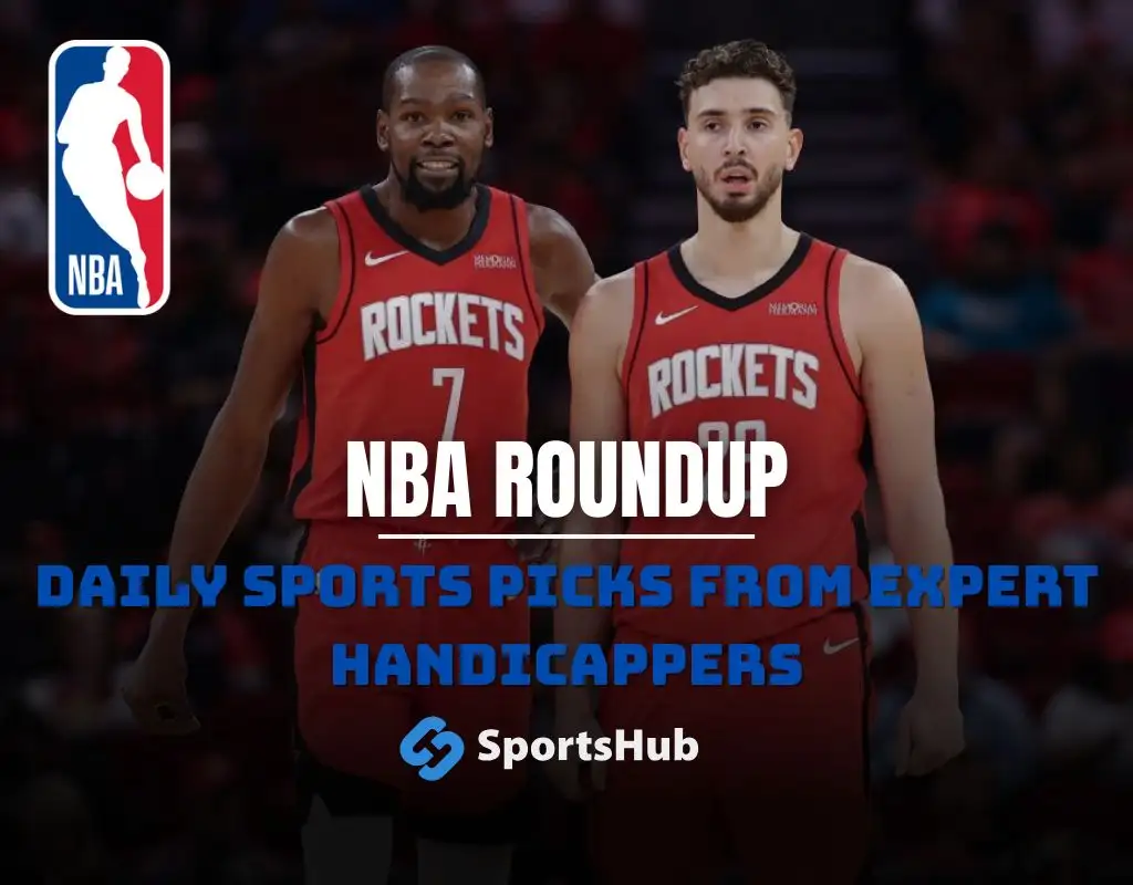 NBA roundup graphic featuring Houston Rockets vs Dallas Mavericks with both team logos, “NBA Roundup” label, and Rockets game action background highlighting Amen Thompson and Cooper Flagg.