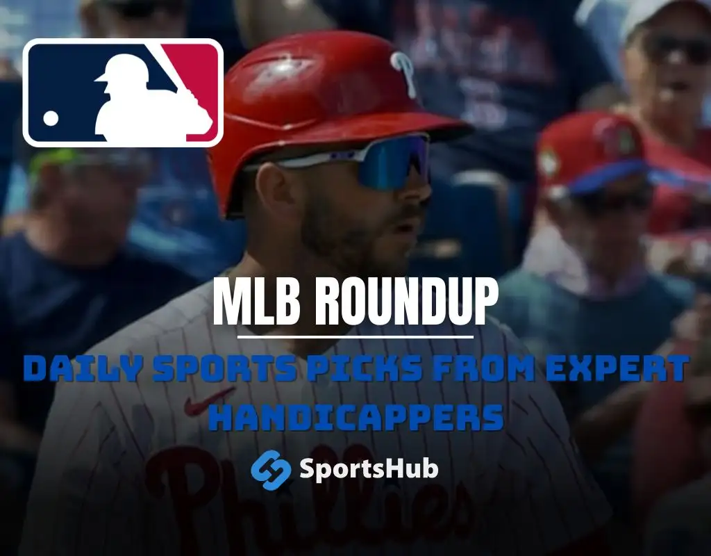 MLB spring training roundup graphic highlighting the Phillies’ 14-10 win over the Pirates, featuring both team logos and Sportshub branding.