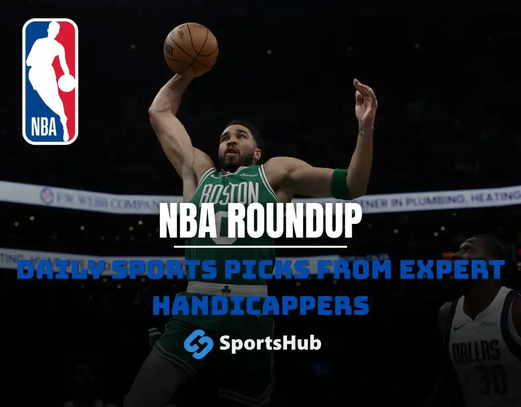 NBA roundup graphic highlighting Jayson Tatum’s return as the Celtics defeat the Mavericks, featuring both team logos and Sportshub branding.